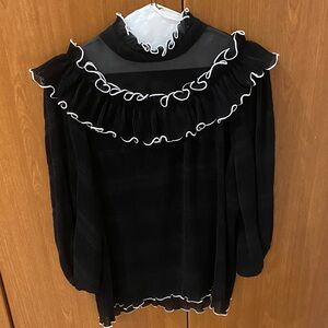 Ganni Black Sheer Yoke Ruffle Blouse with White Piping